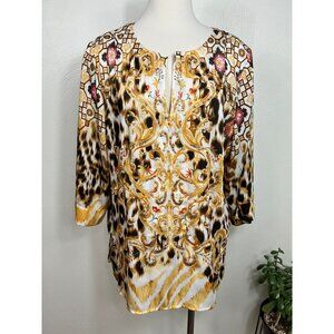 Chico's Womens Sequin Leopard‎ Geo 3/4 Sleeve Tunic Blouse